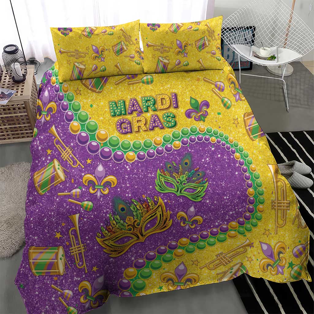 Mardi Gras glitter bedding set with purple, gold, and green Mardi Gras motifs and two pillows