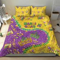 Mardi Gras bedding set with purple and gold glitter comforter, Mardi Gras text, and two pillows