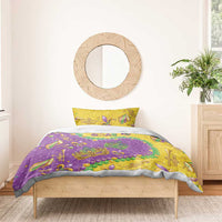Mardi Gras glitter bedding set with purple-and-gold comforter and yellow patterned pillow