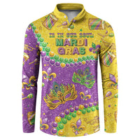 Multicolor Mardi Gras graphic long-sleeve sweatshirt with button placket, glittery look