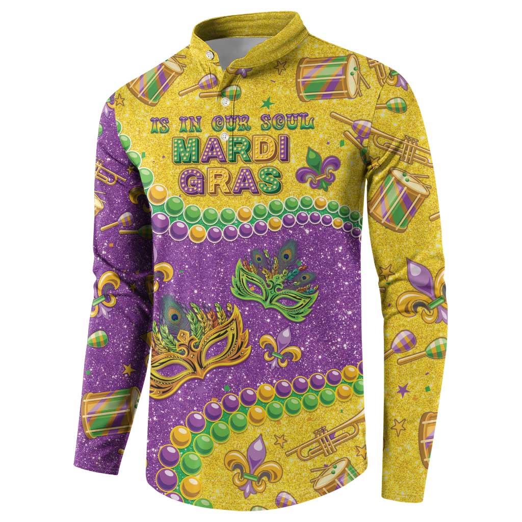 Mardi Gras long-sleeve sweatshirt with Mardi Gras text, masks and beads