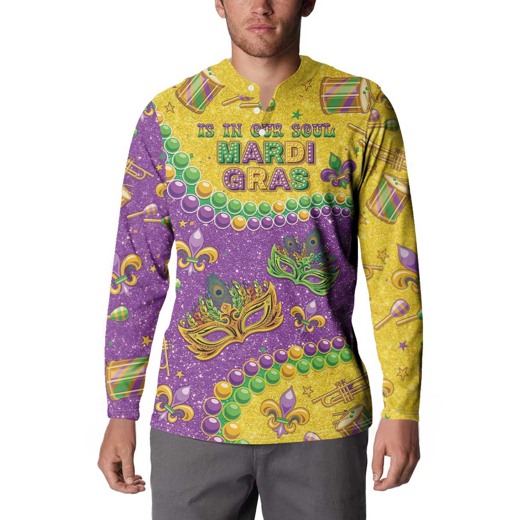 Multicolor Mardi Gras graphic long-sleeve sweatshirt with text and button placket