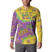 Multicolor Mardi Gras graphic long-sleeve sweatshirt with text and button placket