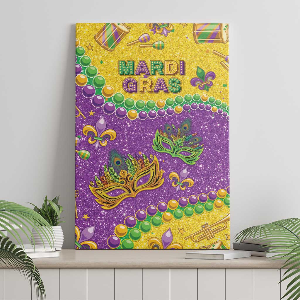 Mardi Gras glitter canvas wall art showing purple and gold scene with beads and mask