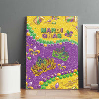 Glitter Mardi Gras canvas wall art with gold top band, purple center, and bead garlands