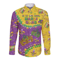 Long-sleeve button shirt with glitter Mardi Gras mask, purple and gold, front view