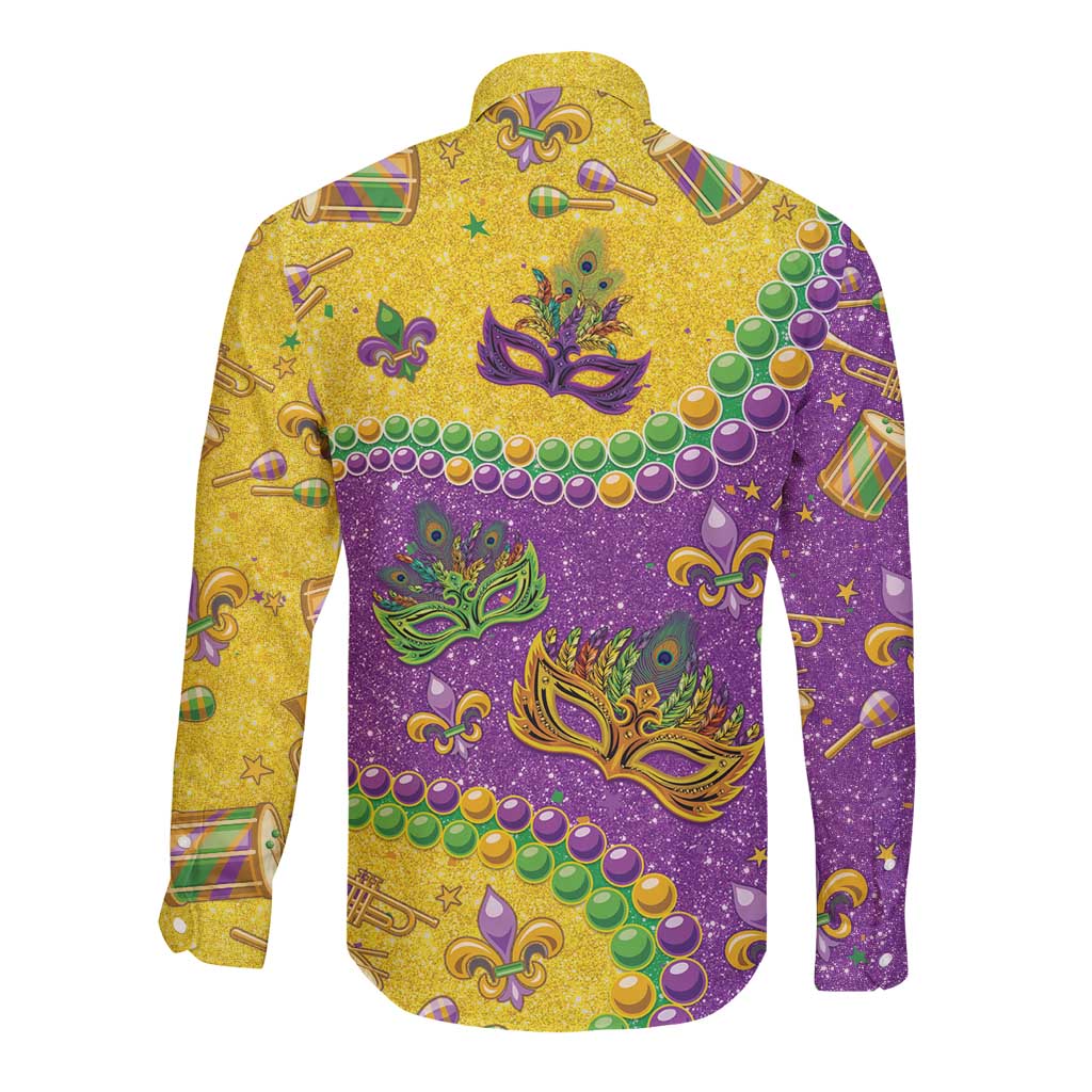 Long-sleeve button shirt with glitter Mardi Gras masks, yellow and purple, back view