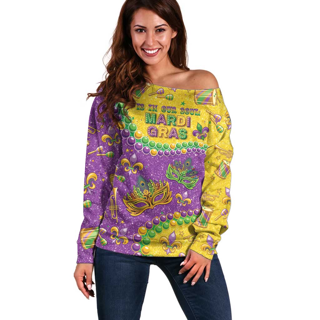 Mardi Gras Is In Our Soul Off Shoulder Sweater Glitter Style