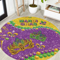 Round purple Mardi Gras glitter rug with ornate gold mask, green accents, bead ring border.