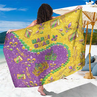 Mardi Gras glitter sarong with purple, gold, and green bead and mask pattern