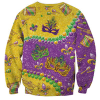 Glitter sweatshirt with gold and purple fleur-de-lis, masks, and bead rows, crew neck