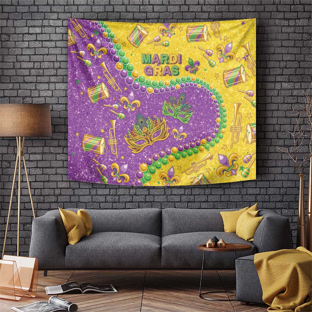Colorful Mardi Gras-style glitter tapestry with purple, yellow, green ornaments and masks