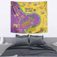 Mardi Gras-themed glitter tapestry with purple and gold background, beads, and Mardi Gras lettering