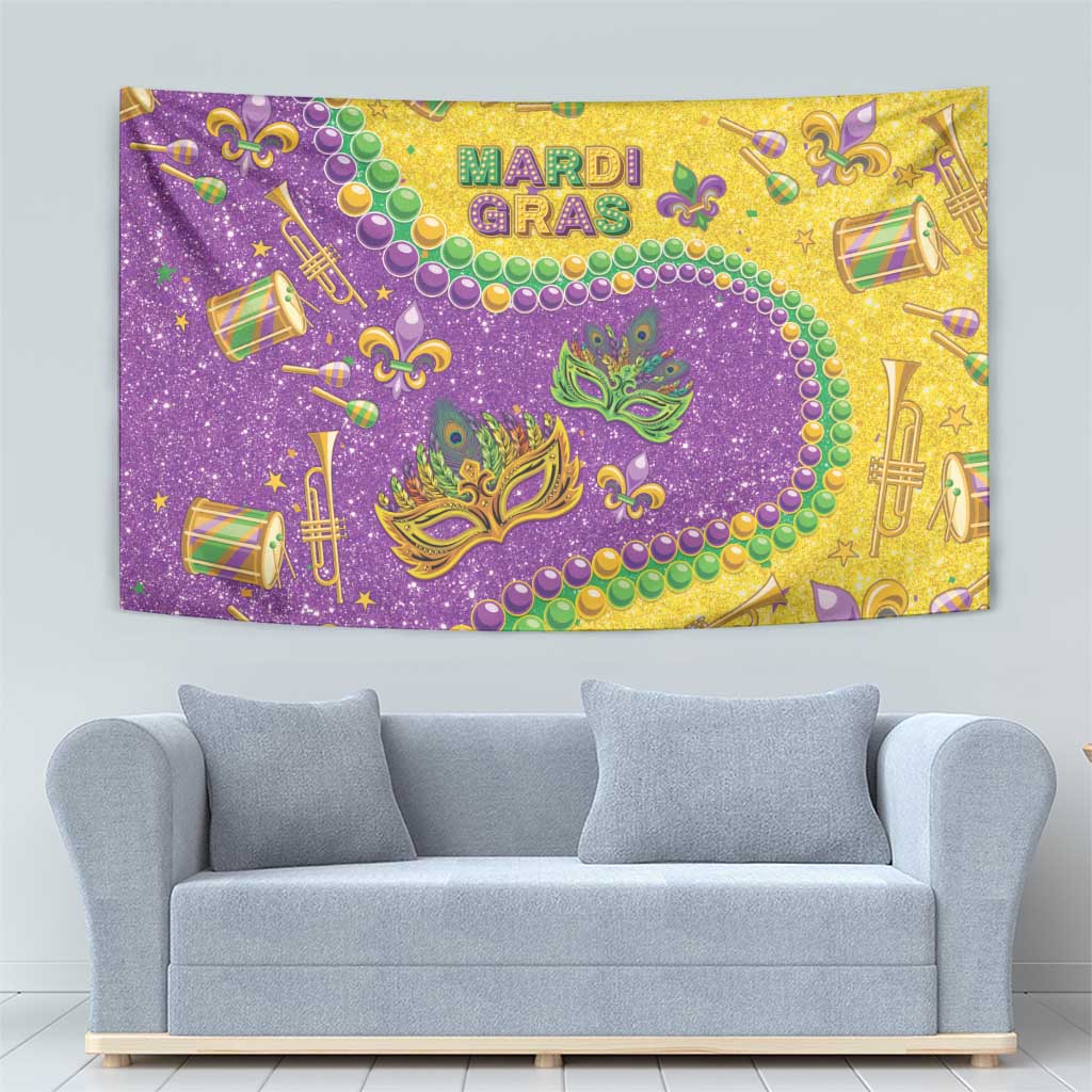 Colorful glitter Mardi Gras tapestry with purple center, green masks, and gold musical notes