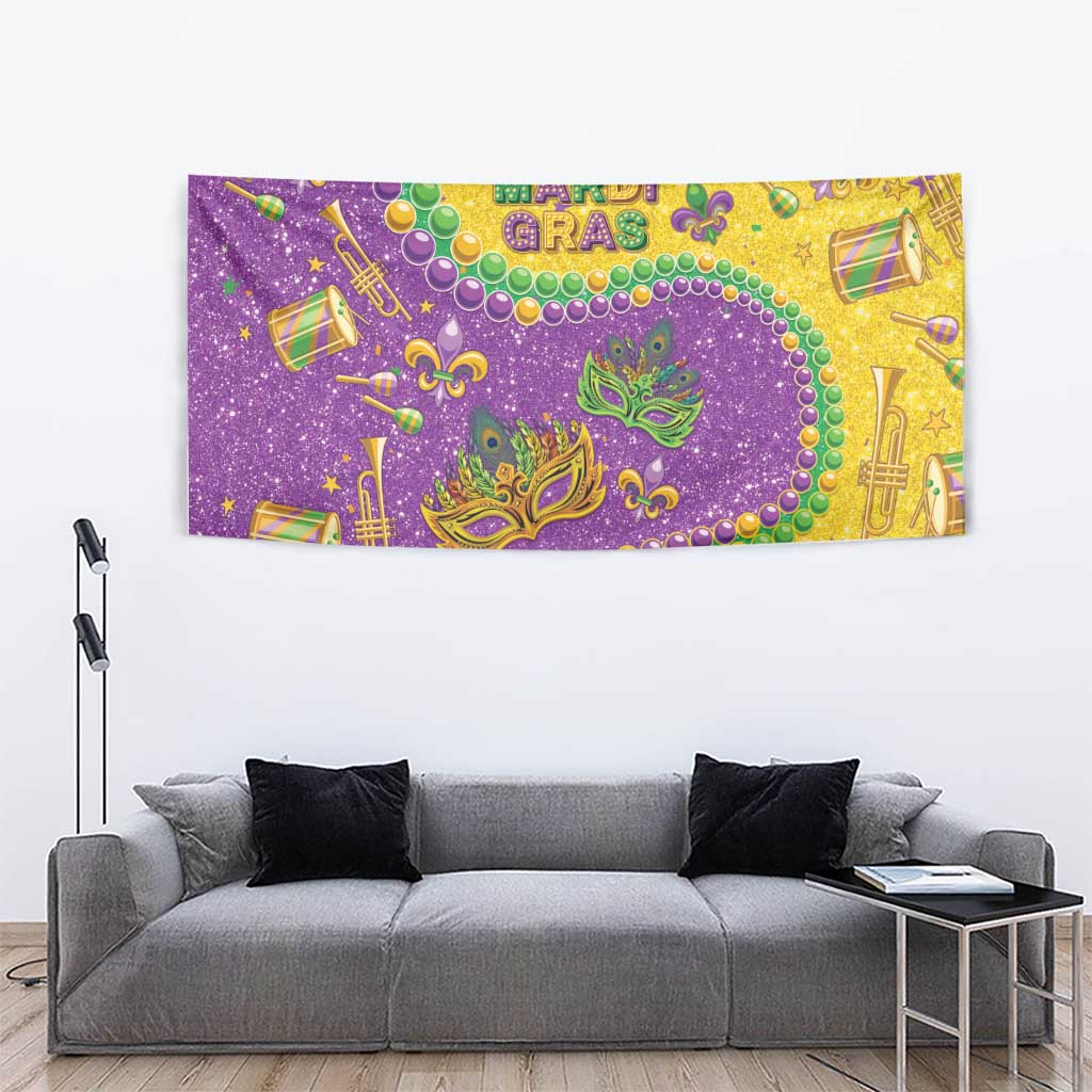 Mardi Gras glitter tapestry with purple and yellow colors, green masks, beads, and gold accents