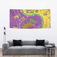 Mardi Gras glitter tapestry with purple and yellow colors, green masks, beads, and gold accents