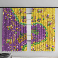 Glitter Mardi Gras window curtain panels, purple and gold with masks, beads, and musical icons.