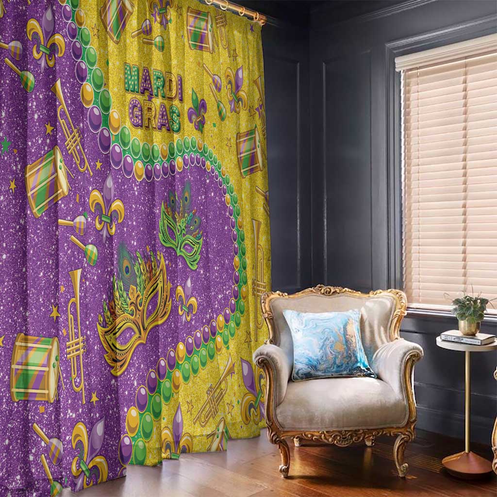 Glitter Mardi Gras window curtain, purple and gold pattern with masks, beads, and party symbols.