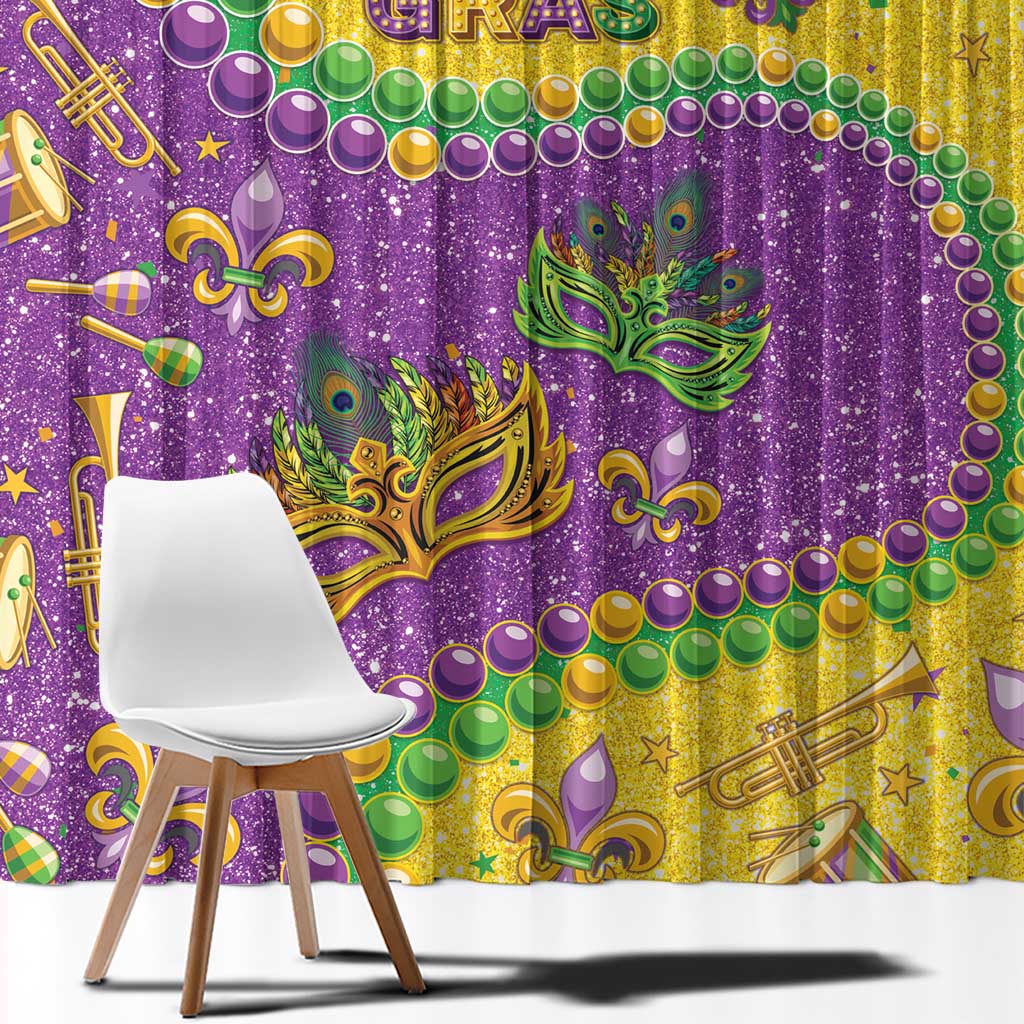 Glitter Mardi Gras window curtain close-up, purple and gold with masks and bead scallop border.