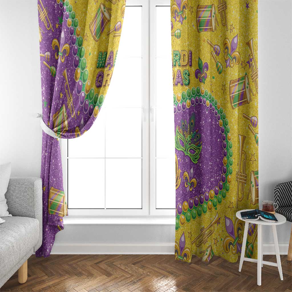 Glitter Mardi Gras window curtain pair, purple and gold with masks, beads, and fleur-de-lis motifs.