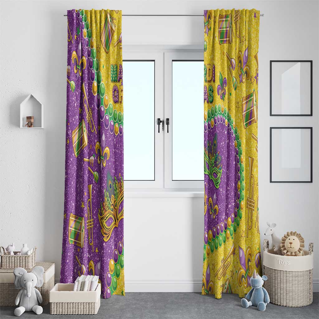 Glitter Mardi Gras window curtains, purple and gold with masks, beads, trumpets, and stars.