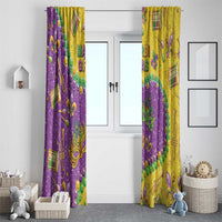 Glitter Mardi Gras window curtains, purple and gold with masks, beads, trumpets, and stars.