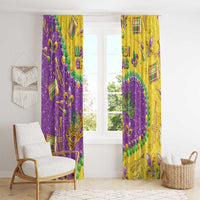 Glitter Mardi Gras window curtain pair in purple and gold with mask graphics and bead trim.