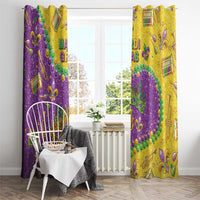 Glitter Mardi Gras window curtains, purple and gold with masks, beads, and festival music symbols.