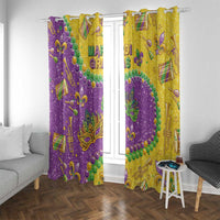 Glitter Mardi Gras window curtains, purple and gold with masks, beads, and trumpet icons.