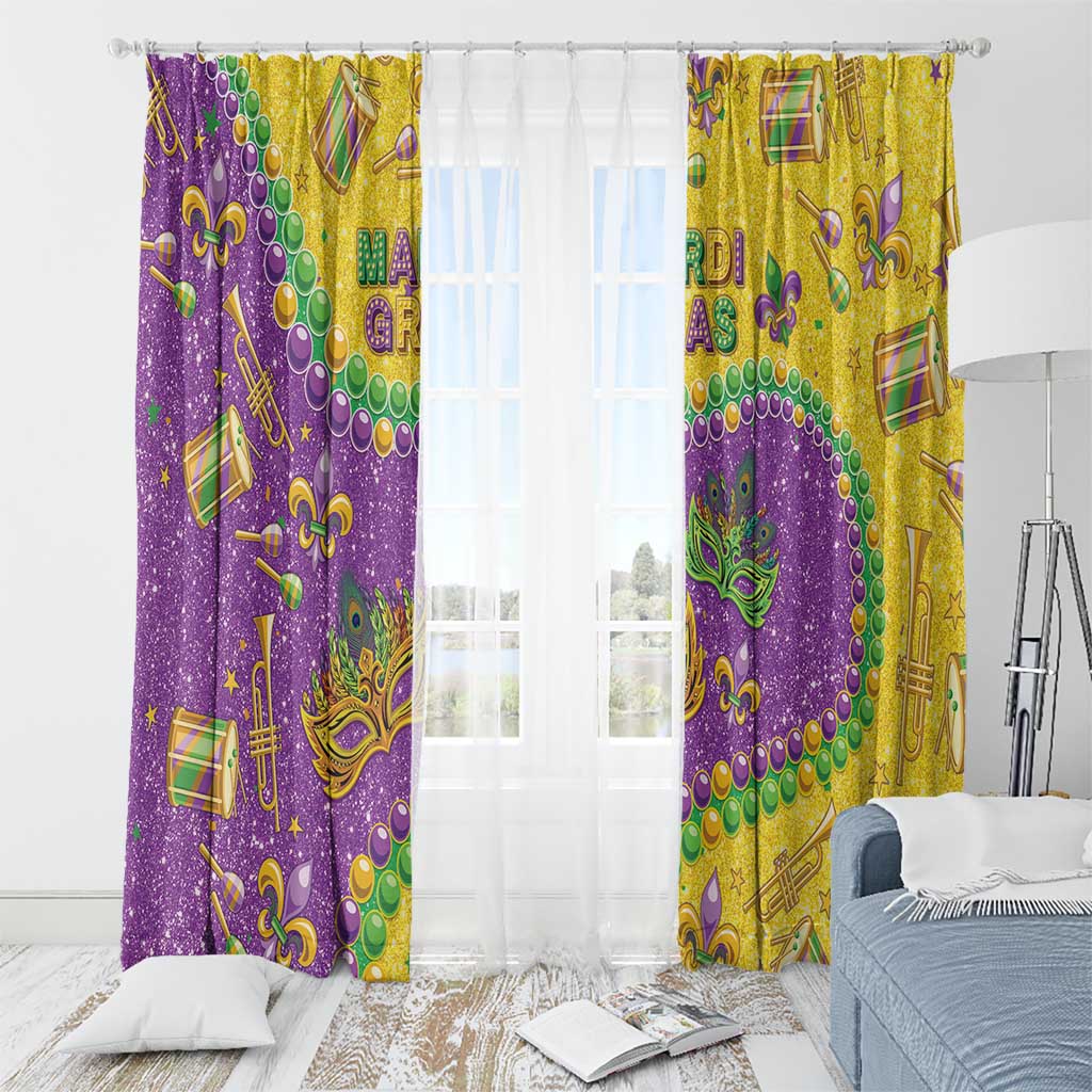 Glitter Mardi Gras window curtain panels on a rod, purple and gold with masks and beads.