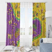Glitter Mardi Gras window curtain panels on a rod, purple and gold with masks and beads.