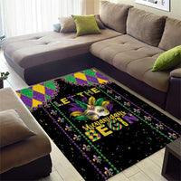 Black Mardi Gras area rug with Mardi Gras mask, colorful checker panels, and 'LET THE' lettering