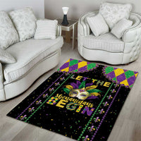 Black Mardi Gras area rug with diamond checker frame, purple/green bead borders, and gold fleur-de-lis