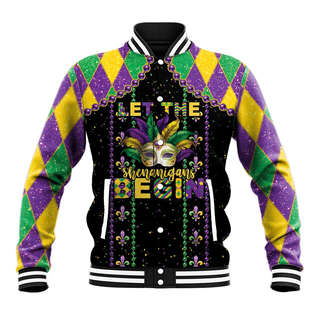 Black baseball jacket with “Let the Shenanigans Begin” Mardi Gras graphic and diamond sleeves