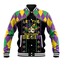 Black baseball jacket with “Let the Shenanigans Begin” Mardi Gras graphic and diamond sleeves
