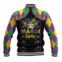 Black Mardi Gras baseball jacket with mask graphic and purple/green/yellow diamond sleeves