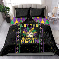 Black Mardi Gras bedding set with colorful diamond pattern, masked face art, and 'Shenanigans' text