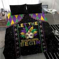 Black Mardi Gras bedding set with colorful diamond panel and masked face graphic on the duvet