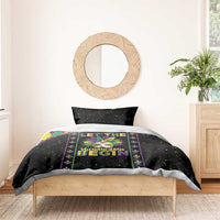 Black Mardi Gras duvet set with colorful diamond accents, masked face artwork, and 'Shenanigans' lettering