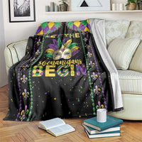 Black Mardi Gras blanket with mask graphic, beads, fleur-de-lis, 'Shenanigans Begin'