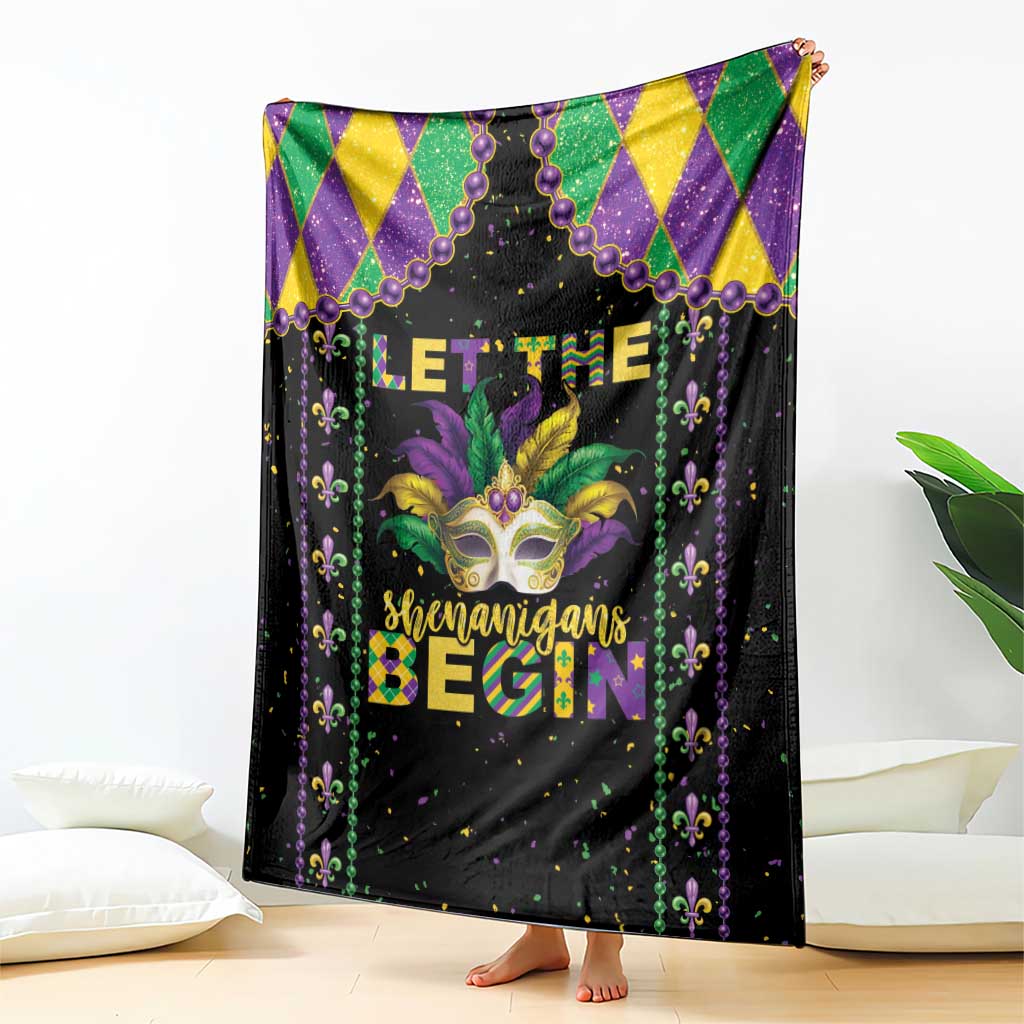 Black Mardi Gras blanket with masked face, 'Let the Shenanigans Begin' and beads border