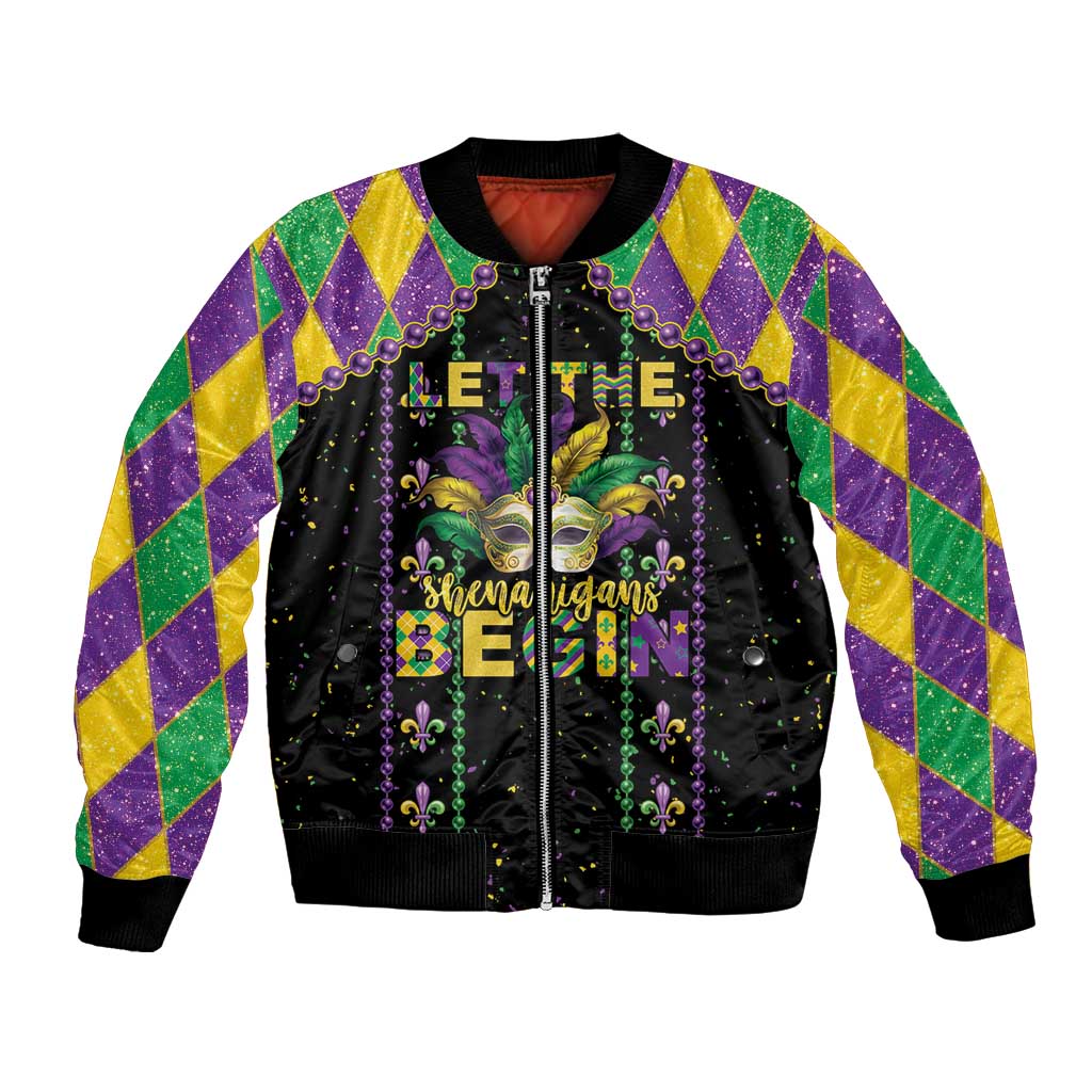 Unisex black bomber jacket with colorful argyle sleeves and Mardi Gras mask front graphic