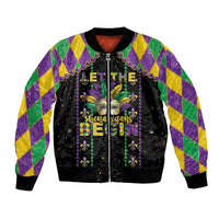 Unisex black bomber jacket with colorful argyle sleeves and Mardi Gras mask front graphic