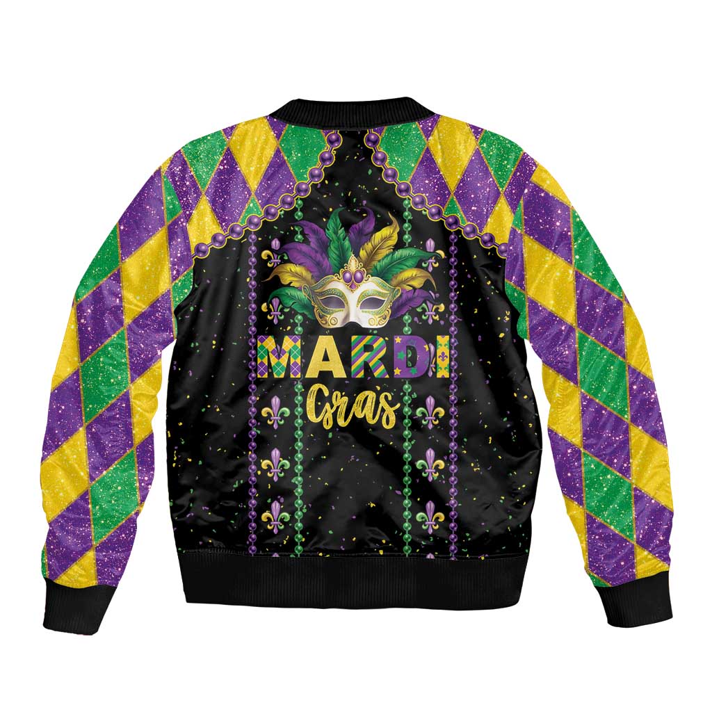 Unisex black bomber jacket with Mardi Gras mask and Mardi Gras back text, argyle sleeves