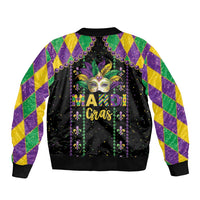 Unisex black bomber jacket with Mardi Gras mask and Mardi Gras back text, argyle sleeves
