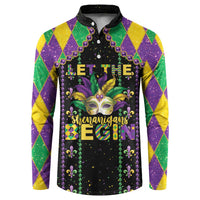 Black button-front sweatshirt with Mardi Gras mask and beads, Let the Shenanigans Begin graphic