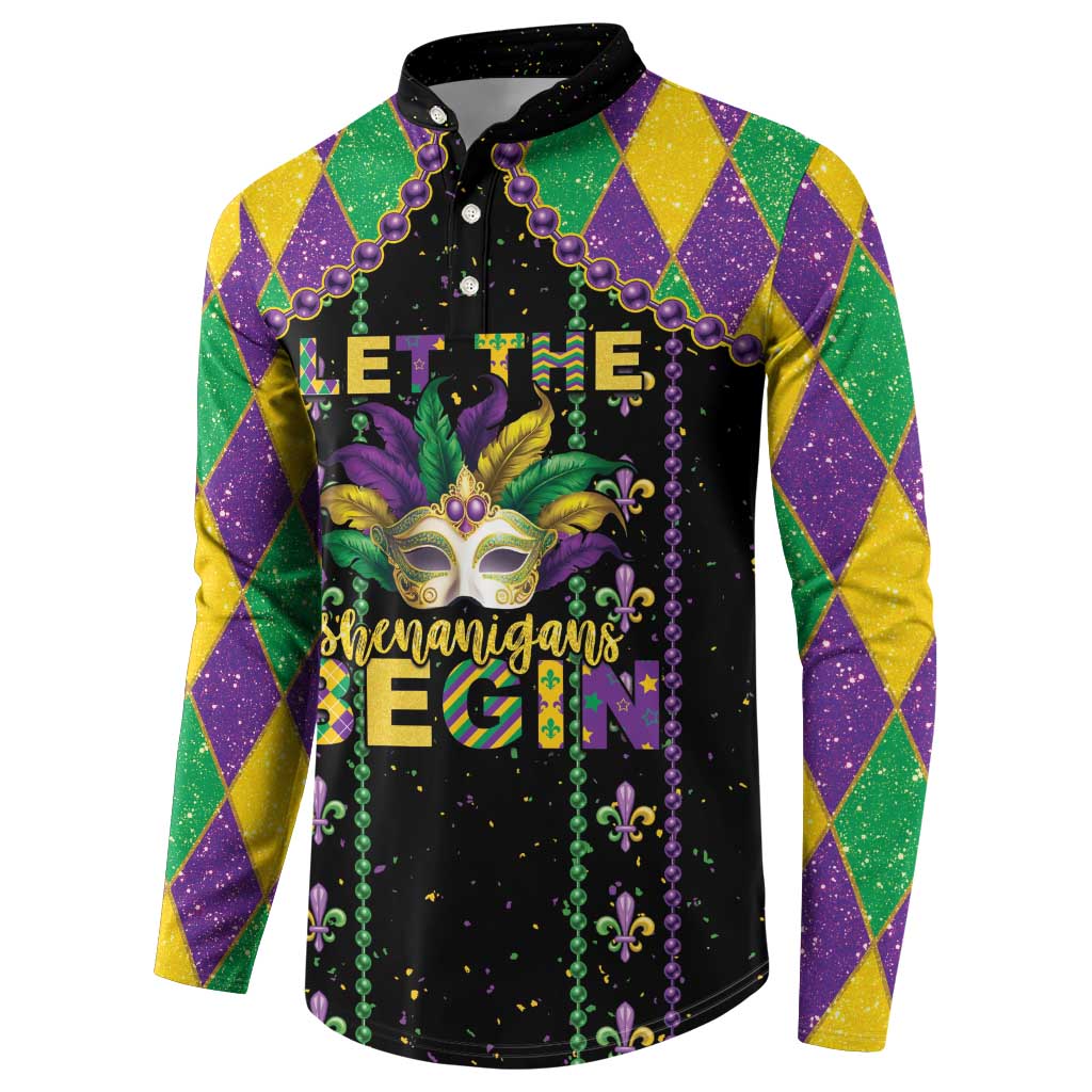 Black button-front sweatshirt with Mardi Gras mask and beads, Let the Shenanigans Begin front design