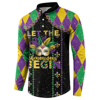Black button-front sweatshirt with Mardi Gras mask and beads, Let the Shenanigans Begin front design