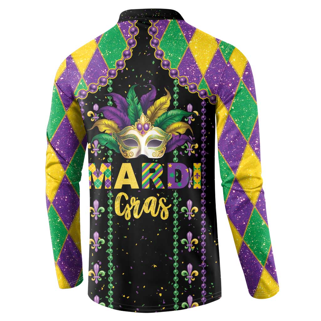 Black button-front sweatshirt back with fleur-de-lis beads and large MARDI Cras lettering