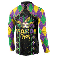 Black button-front sweatshirt back with fleur-de-lis beads and large MARDI Cras lettering